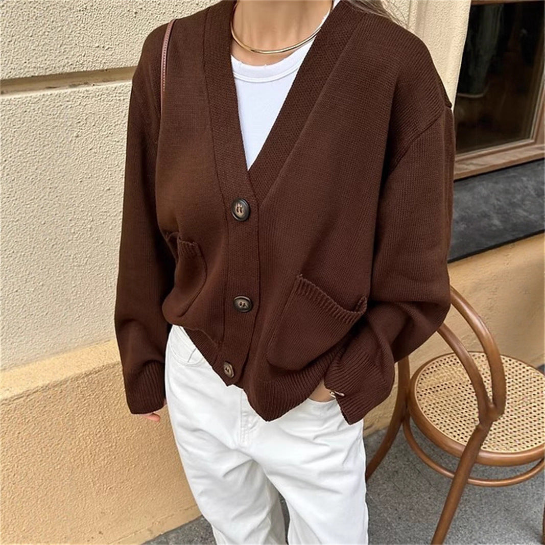 Damen lässiger Strickcardigan mit großen Taschen und Knopfverschluss R&B