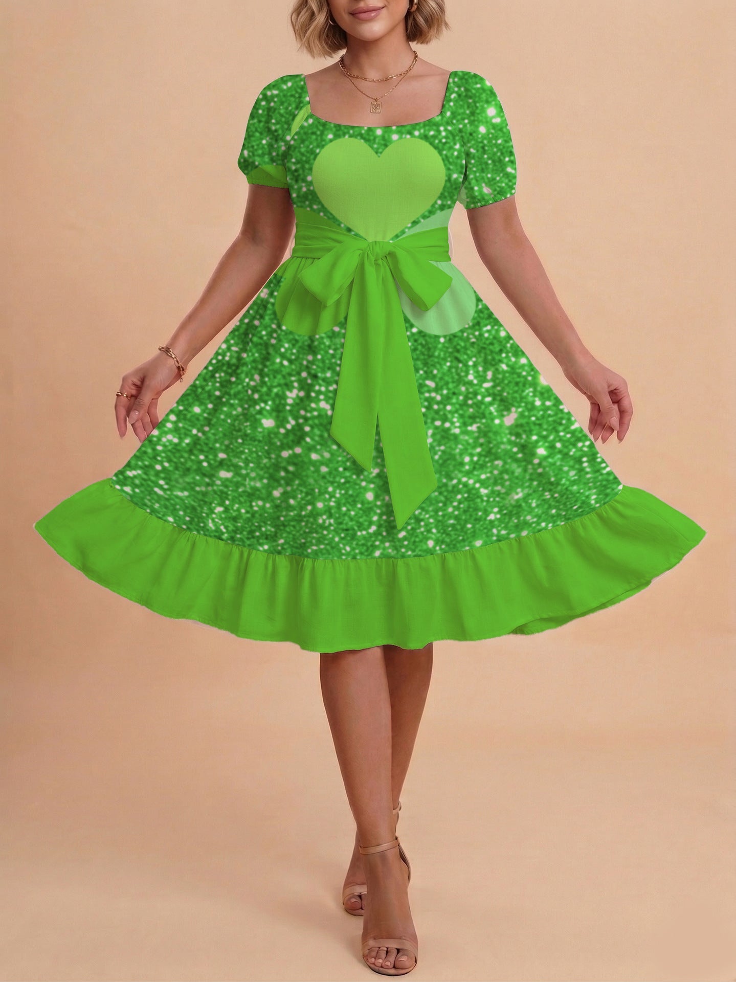 Damen schickes Glitzerkleid mit tailliertem Schnitt und Rüschensaum EB