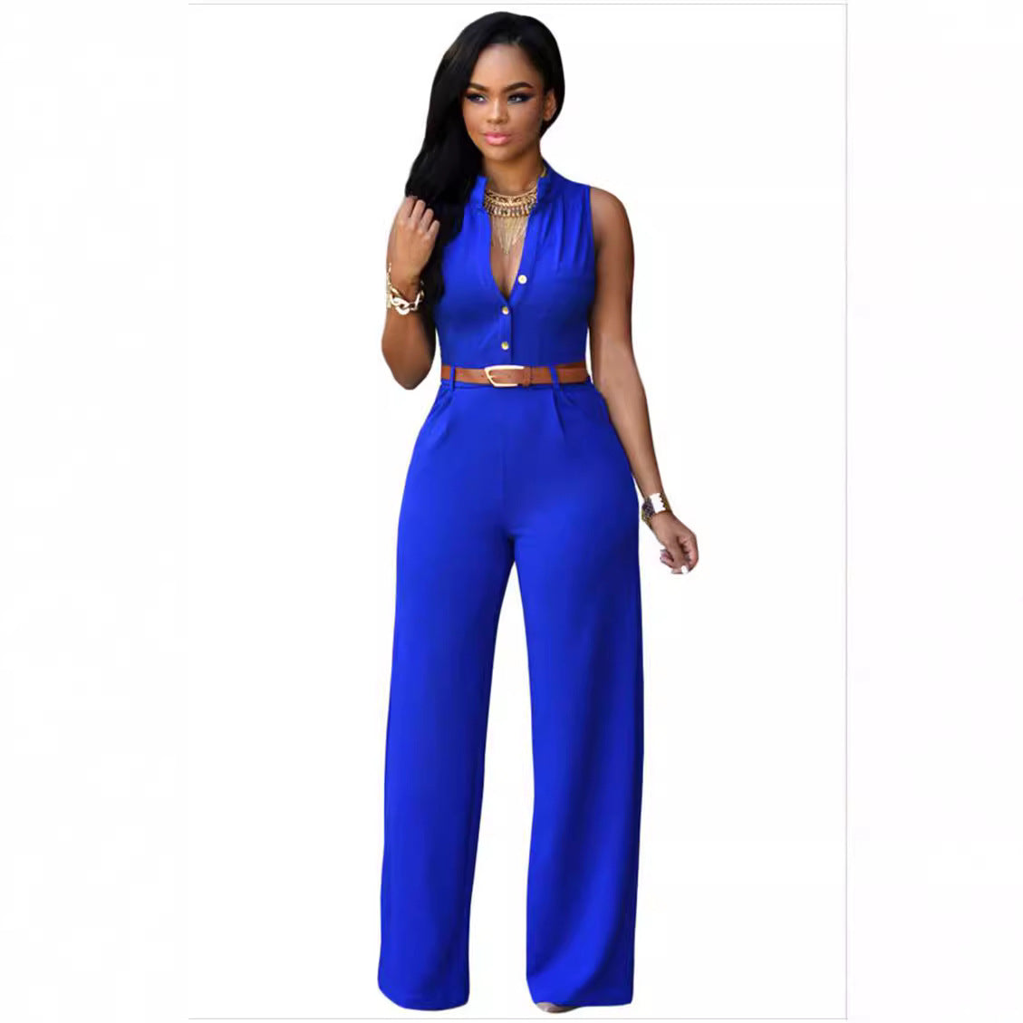 Damen Eleganter Jumpsuit mit Gürtel und Knopfdetail R&B
