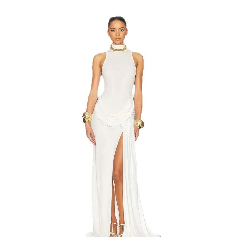 Damen langes Abendkleid mit elegantem Wasserfallausschnitt und tiefem Schlitz R&B