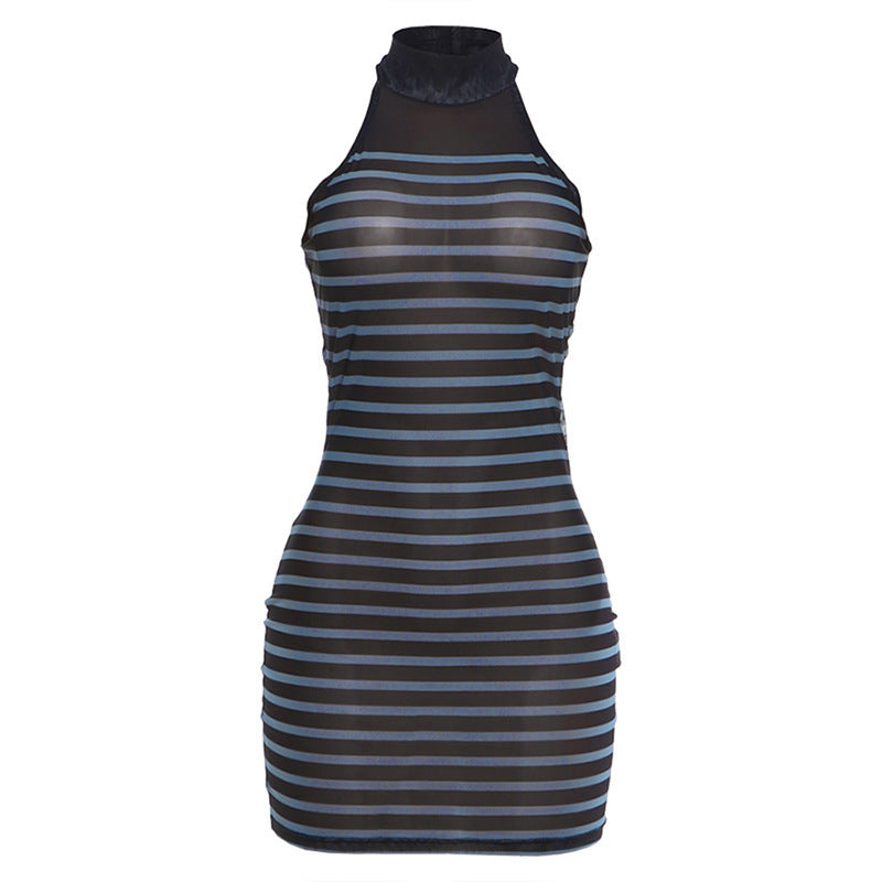Damen figurbetontes Kleid mit transparenten Streifen und hochgeschlossenem Kragen R&B