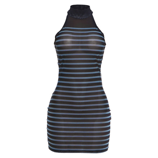 Damen figurbetontes Kleid mit transparenten Streifen und hochgeschlossenem Kragen R&B