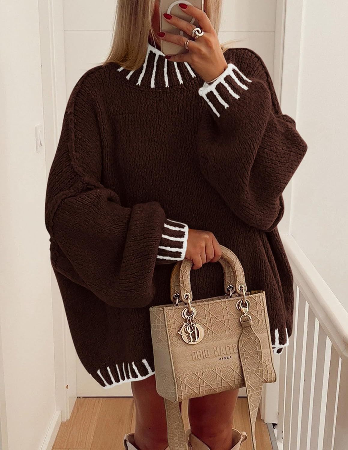 Damen lässiger Grobstrickpullover mit modernem Streifenmuster R&B