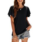 Damen T-Shirt mit eleganten Volantärmeln und durchbrochenem Design R&B