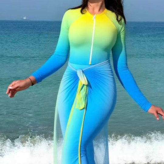 Damen sportlicher Langarm-Schwimmanzug mit Reißverschluss und Wickeloptik R&B
