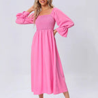 Damen Midikleid mit elastischen Puffärmeln und romantischem Taillenzug R&B