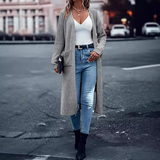 Damen Strickmantel mit langen Ärmeln und praktischen Taschen R&B