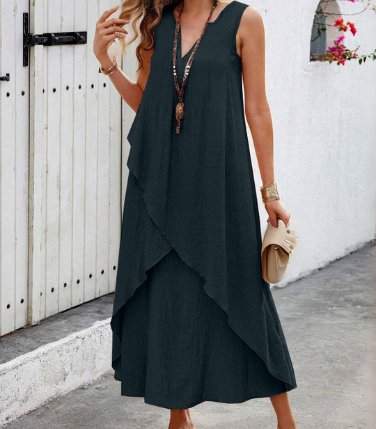 Damen Lässiges Maxikleid mit überlappendem Volant und modernem V-Ausschnitt R&B
