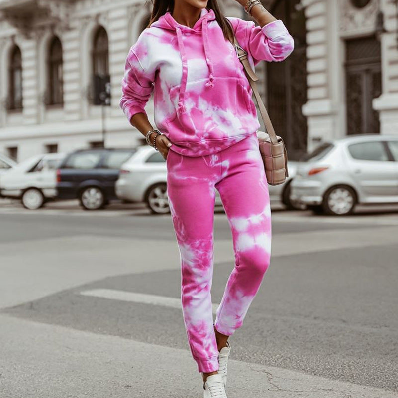 Damen lässiges Kapuzen-Sweatpants-Set im Batikdesign R&B