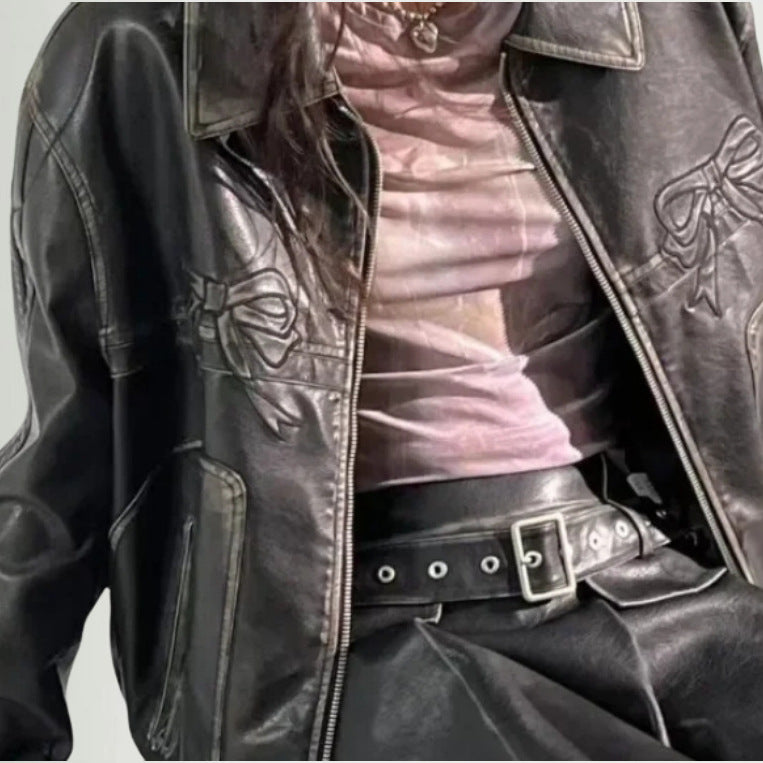 Damen lässige Kunstlederjacke mit verspielten Schleifendetails R&B