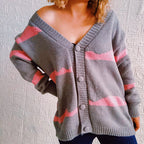 Damen gestreifte Strickjacke mit Knopfverschluss und weitem Schnitt R&B