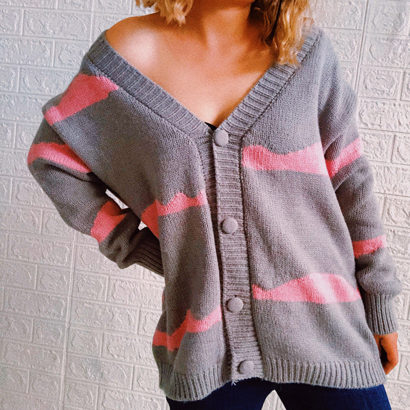 Damen gestreifte Strickjacke mit Knopfverschluss und weitem Schnitt R&B