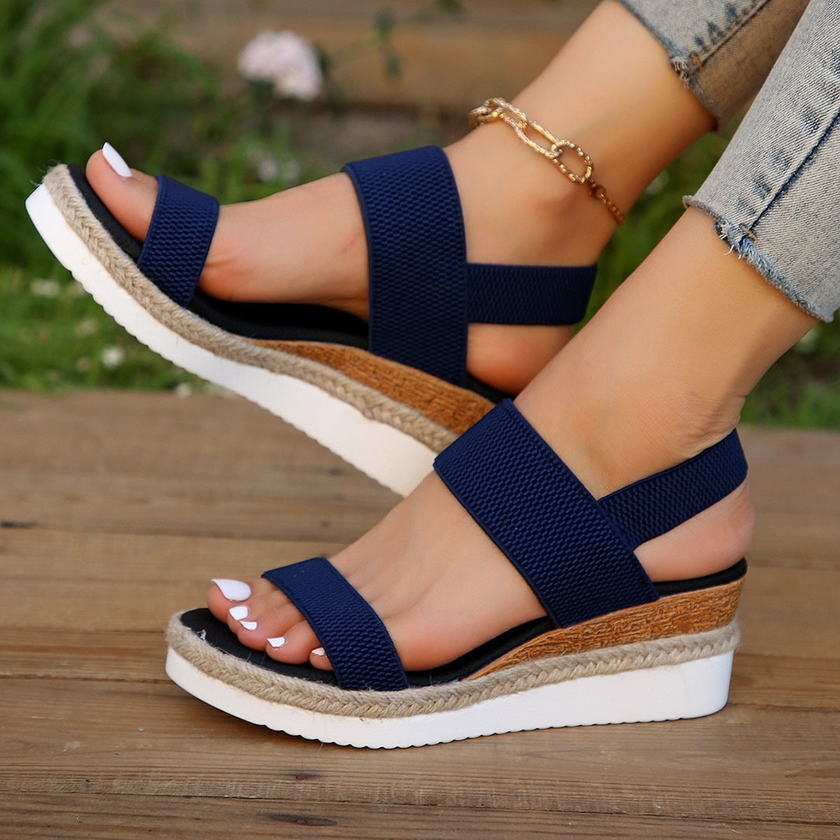 Damen Wedge-Sandalen mit elastischen Riemen und rutschfester Sohle R&B