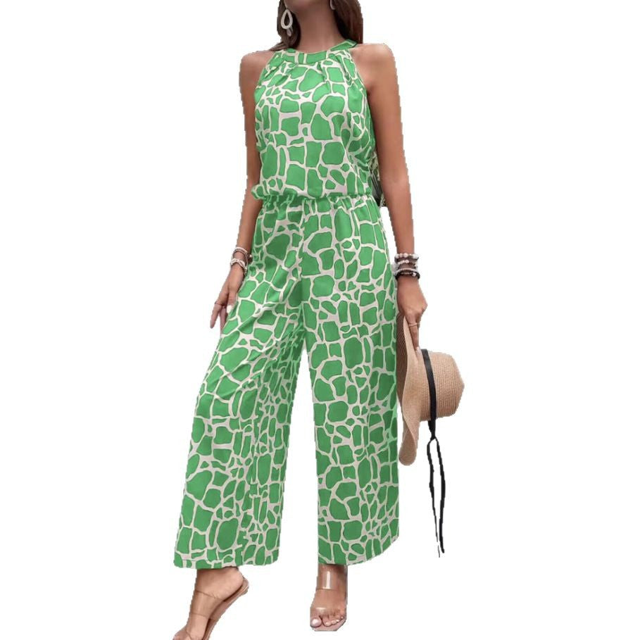 Damen edgy Jumpsuit mit Giraffenmuster und weitem Bein R&B