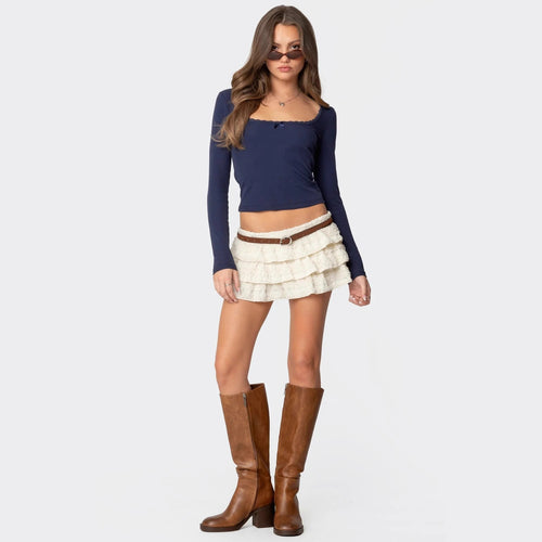 Damen Langarmshirt mit quadratischem Ausschnitt und Spitzenakzenten R&B