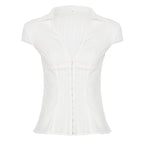 Damen Elegantes kurzärmliges Blusenshirt mit schickem Stehkragen und Reißverschluss R&B