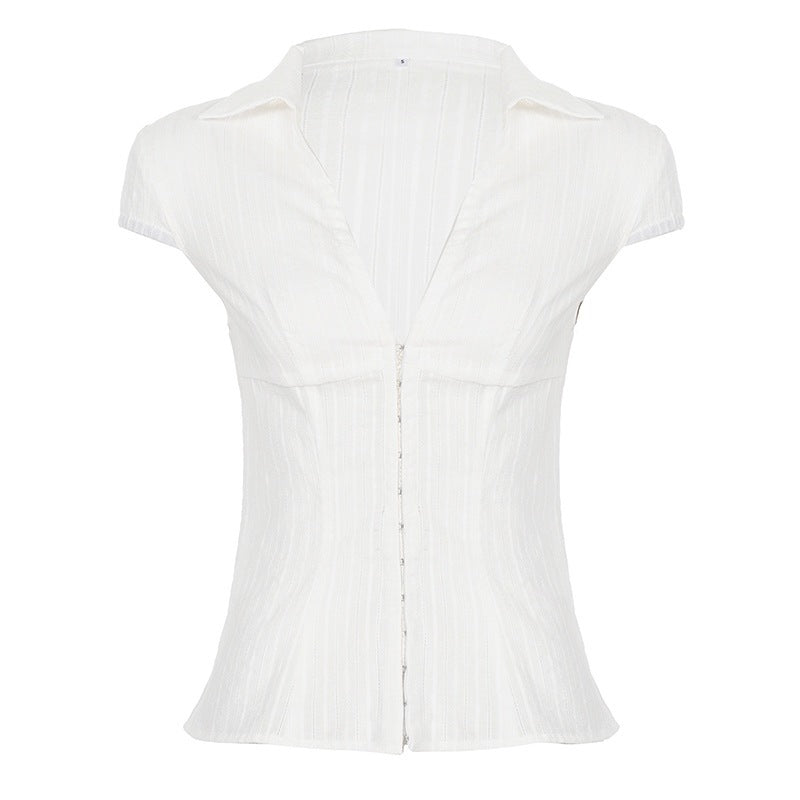 Damen Elegantes kurzärmliges Blusenshirt mit schickem Stehkragen und Reißverschluss R&B