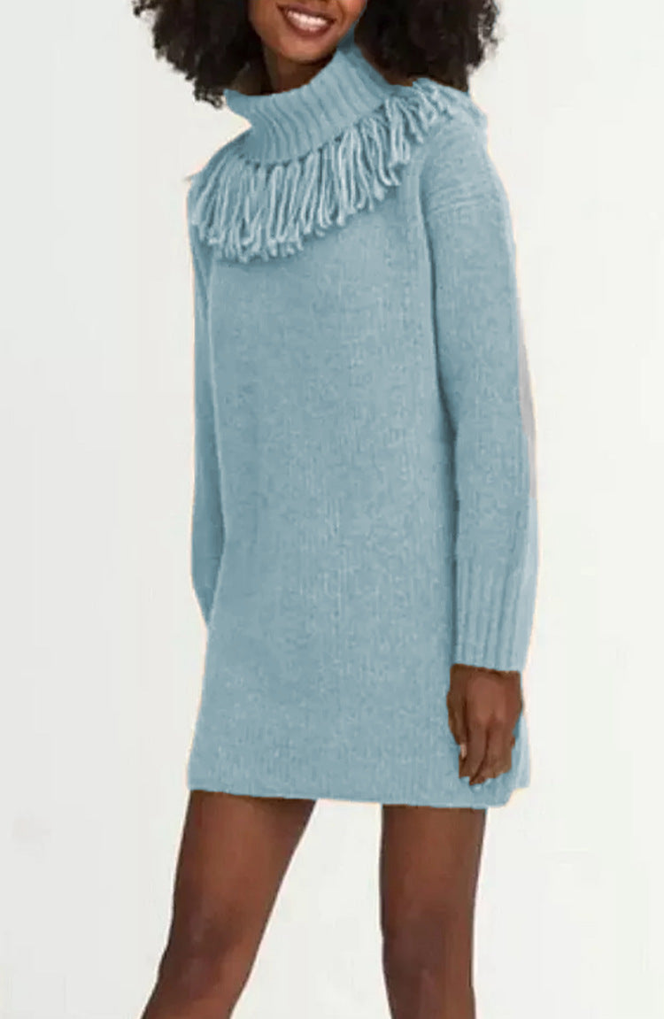 Damen Strickkleid mit hohem Rollkragen und modischen Fransen R&B