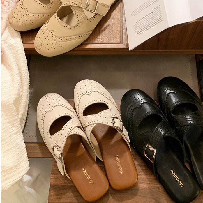 Damen elegante Slip-On Sandalen mit modischem Schnallenverschluss und perforierter Oberfläche R&B