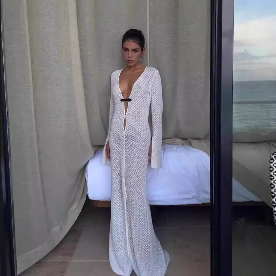 Damen Luxuriöses Netzkleid mit tiefem V-Ausschnitt und langen Ärmeln R&B