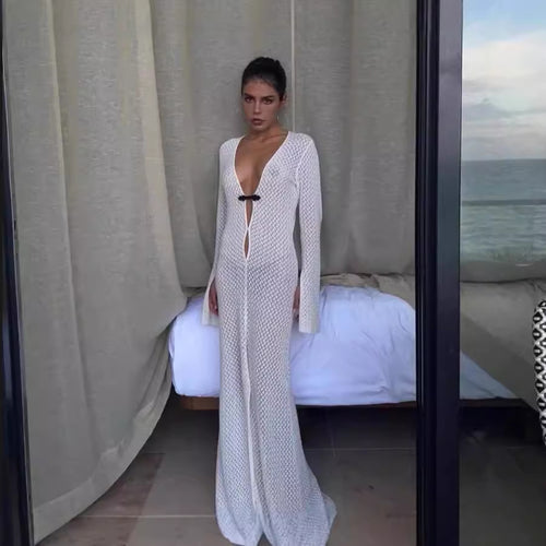 Damen Luxuriöses Netzkleid mit tiefem V-Ausschnitt und langen Ärmeln R&B