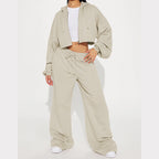 Damen nan Kapuzen-Crop-Top und weite Jogginghose Lounge-Set aus weichem Fleece R&B