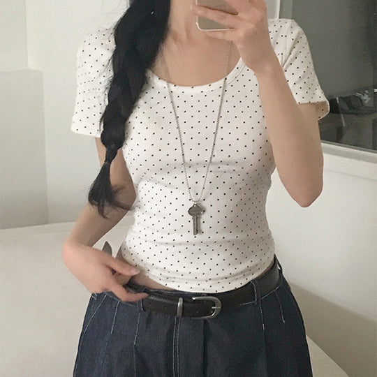 Damen Polka-Dot Shirt mit Rundhalsausschnitt und figurbetontem Schnitt R&B