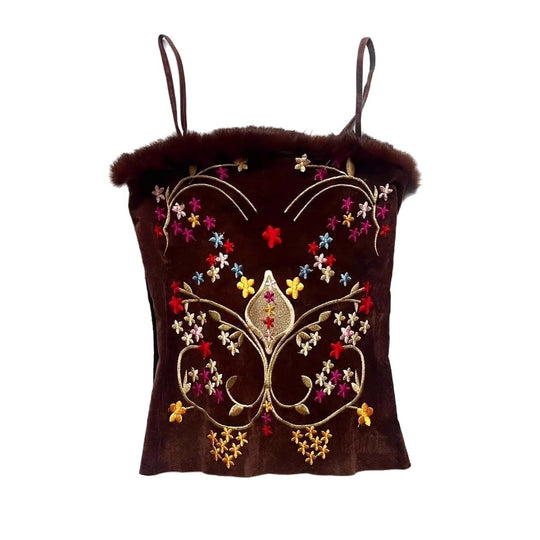 Damen Samt-Blusentop mit floralen Stickereien R&B