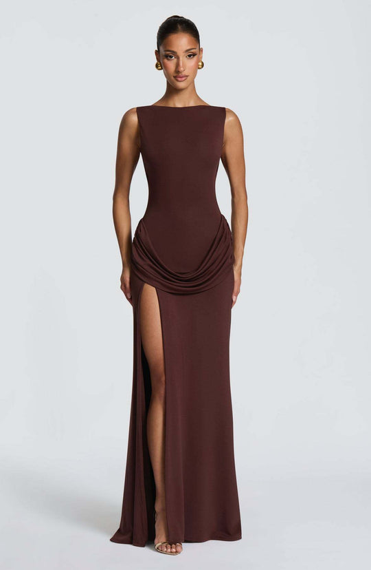 Damen Elegantes Maxikleid mit raffinierter Drapierung und hoch schlitzendem Design R&B
