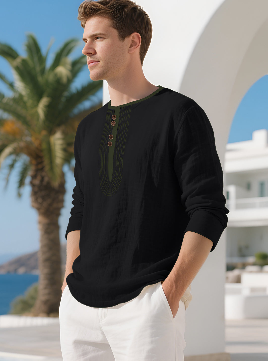 Herren nan lässiges Leinenmix-Langarmshirt mit dekorativer Knopfleiste und Ziersteppung R&B