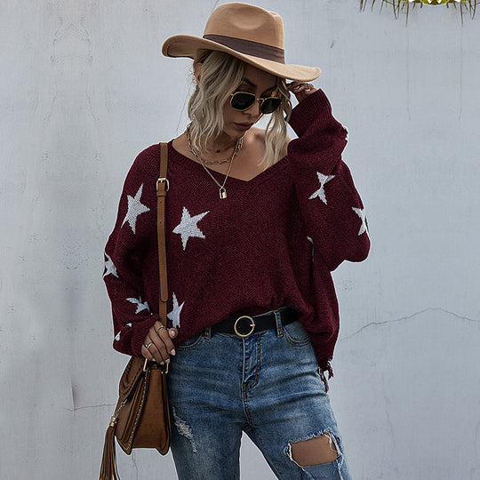 Damen lässiger Strickpullover mit asymmetrischem Schnitt und Sternenmuster R&B