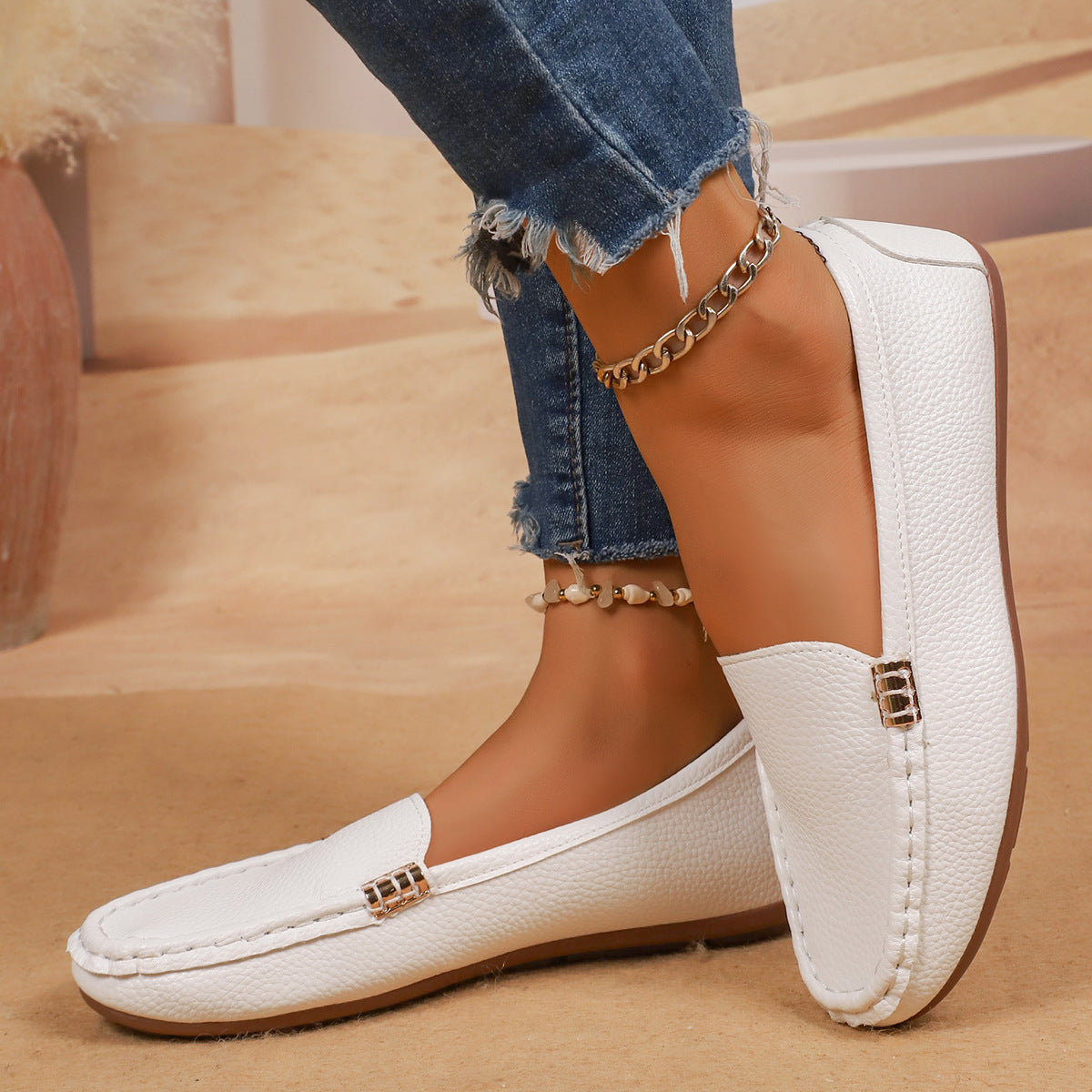 Damen Mokassin-Schuhe mit elegantem Narbenleder und rutschfester Sohle R&B