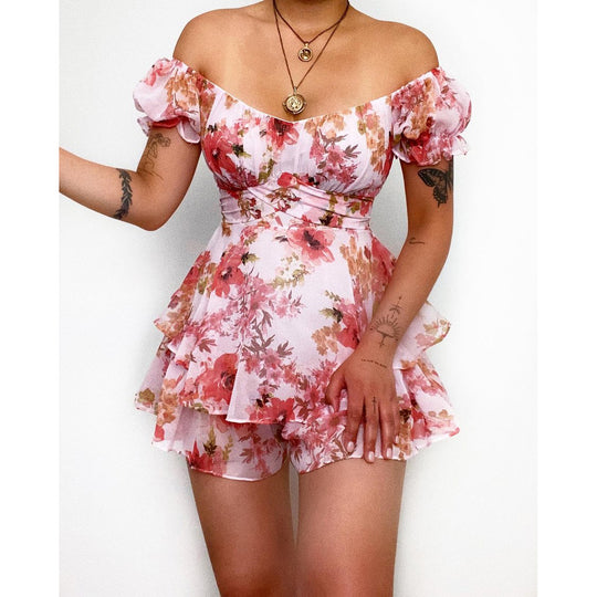 Damen Kurzarm Overall mit romantischem Blumenmuster und fließendem Schnitt R&B