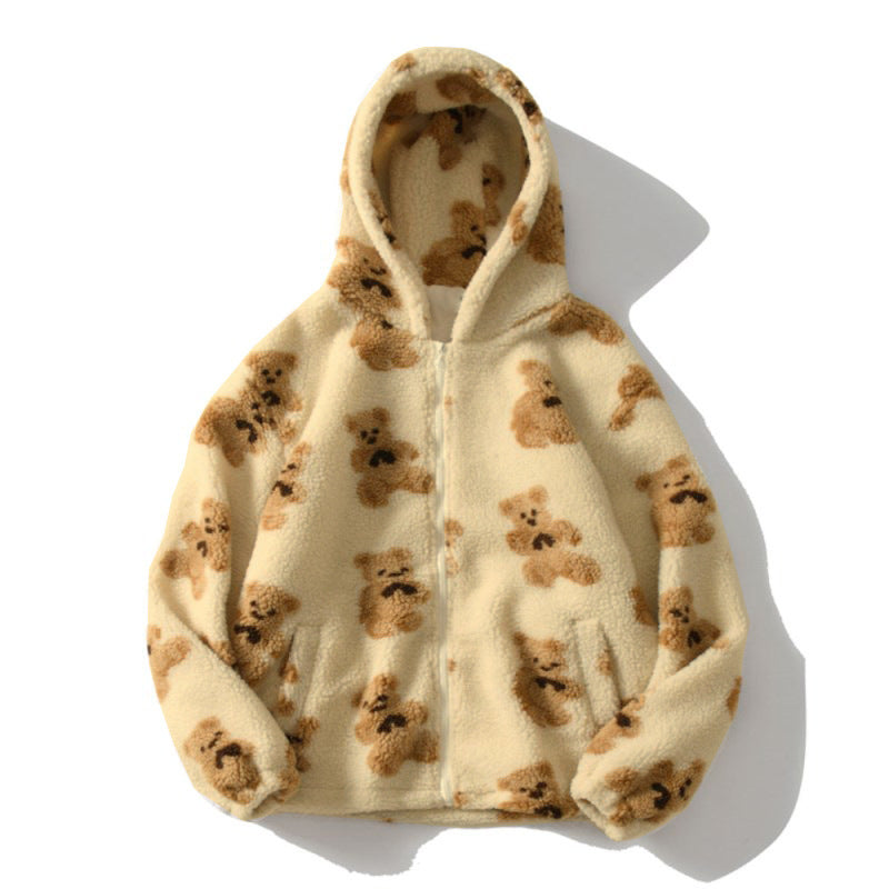 Damen gemütliche Fleecejacke mit Kapuze und süßem Bärenmuster R&B