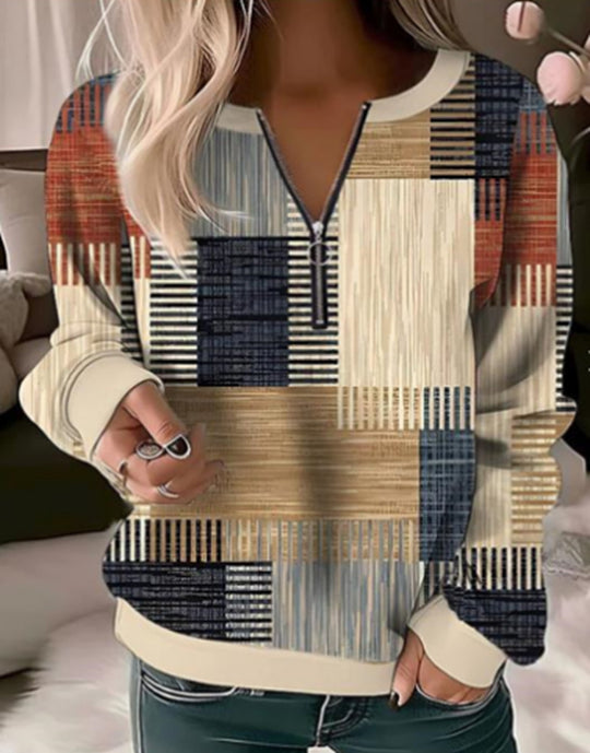Damen nan gemütlicher Pullover mit kurzem Reißverschluss, grafischem Patchworkmuster, verlängerten Ärmelbündchen und geripptem Saum R&B