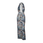 Damen elegantes Maxikleid mit tiefem V-Ausschnitt und verspieltem Halterdesign R&B