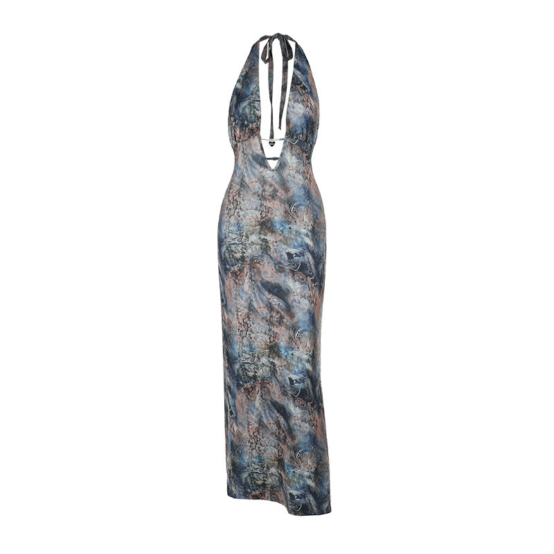 Damen elegantes Maxikleid mit tiefem V-Ausschnitt und verspieltem Halterdesign R&B