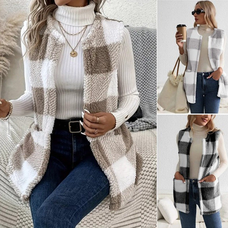 Damen Weicher Plaid-Weste mit seitlichen Taschen und gemütlichem Schnitt R&B