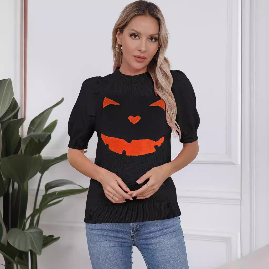 Damen Kurzarm-Pullover mit lässigem Kürbis-Motiv R&B
