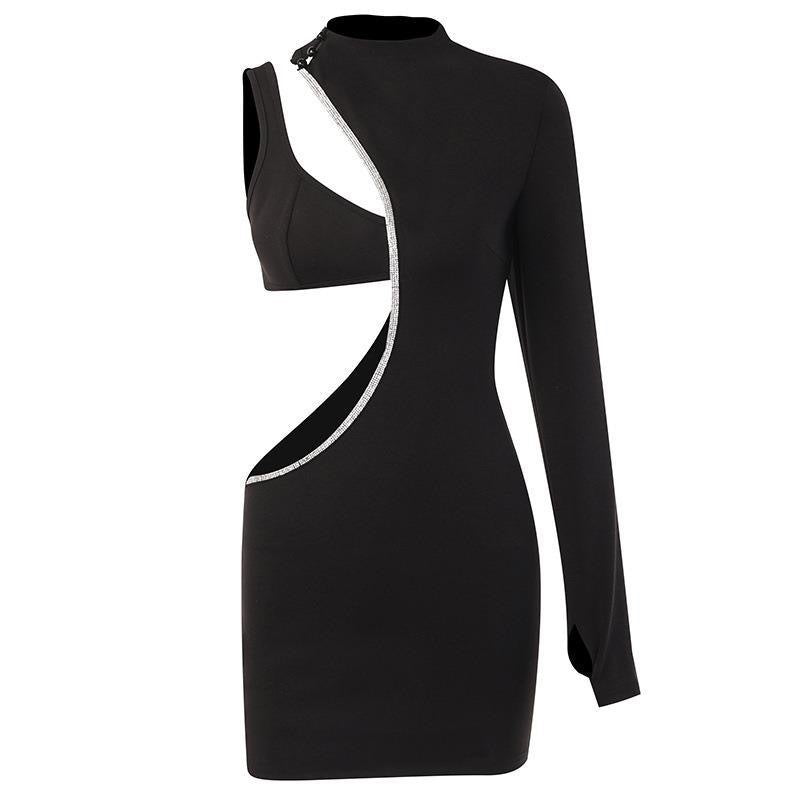 Damen Figurbetontes Minikleid mit asymmetrischem Ausschnitt und schimmerndem Detail R&B