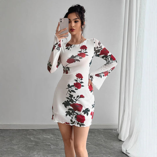 Damen Minikleid mit floralem Design und eleganten Trompetenärmeln R&B