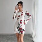 Damen nan figurbetontes Minikleid mit Rosenmuster und Trompetenärmeln R&B