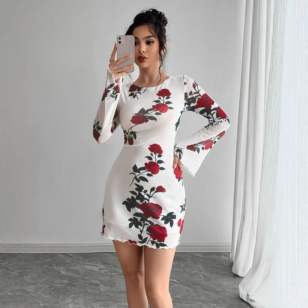 Damen nan figurbetontes Minikleid mit Rosenmuster und Trompetenärmeln R&B