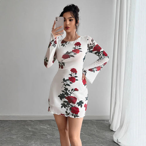Damen nan figurbetontes Minikleid mit Rosenmuster und Trompetenärmeln R&B