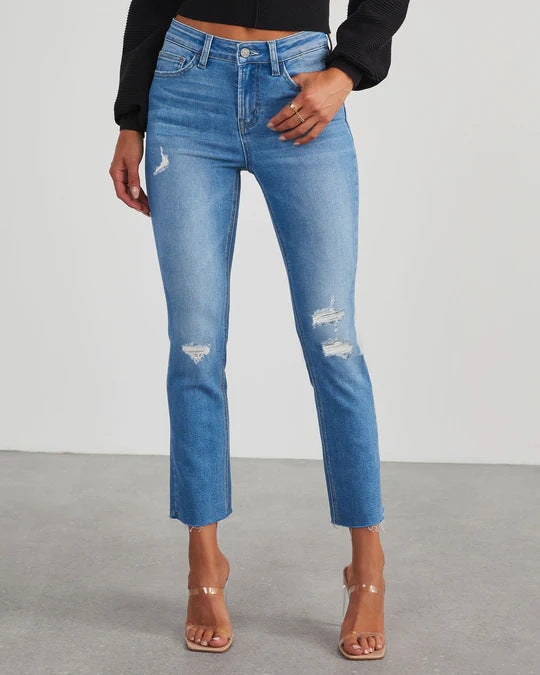 Damen modische High-Waist Jeans mit lässigem Destroyed-Look R&B