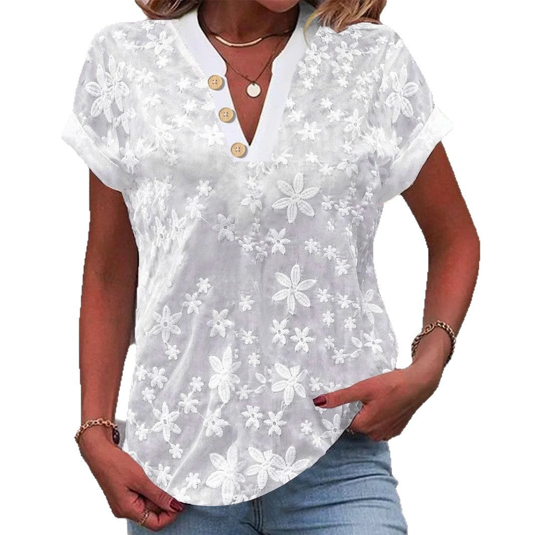 Damen Bluse mit floralem Stickmuster und klassischem V-Ausschnitt R&B