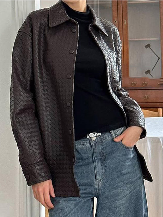 Damen lässige Kunstleder-Jacke mit geflochtenem Design und praktischen Druckknöpfen R&B