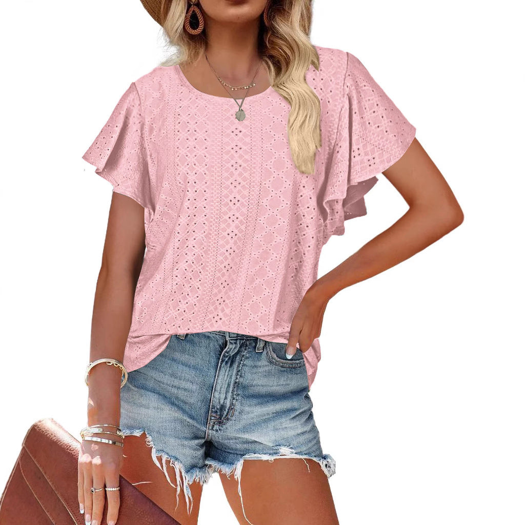 Damen Kurzärmlige Bluse mit Rüschendetails und Lochmuster R&B