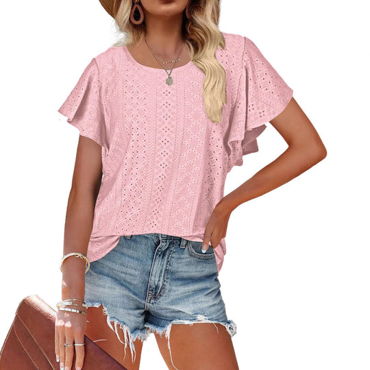 Damen Kurzärmlige Bluse mit Rüschendetails und Lochmuster R&B