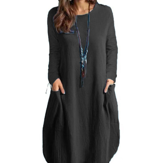 Damen lässiges Freizeitkleid mit seitlichen Taschen und Rundhalsausschnitt R&B